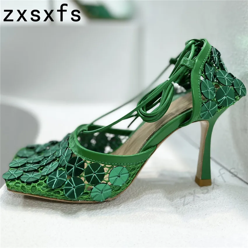 New Arrivals Sequins High Heel Sandals Women Air Mesh Gladiator Pumps Ladies Cross Tied Glittered Party High Heels Mules Summer