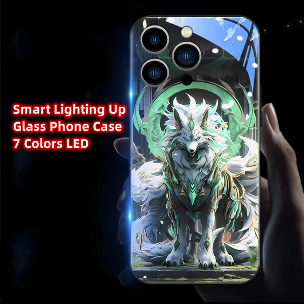 Cool Mech Wolf Warrior Design Smart LED Light Glow Tempered Glass Phone Case For iPhone Air 17 16 15 14 13 12 11 Pro Max Plus