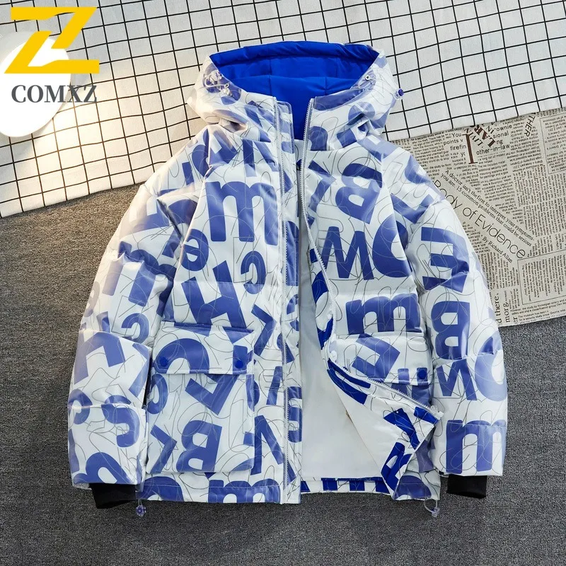 Comxz jaqueta masculina com estampa de letras, quente, grossa, estilo coreano, casaco acolchoado, neve, resistente ao frio, elegante, jaqueta de pão