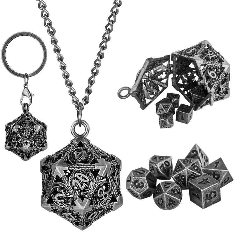 Dice Keychain with Hollow D20 Metal Case DND Dice 7pcs Polyhedral Metal Dice Set Gaming Dices Necklace Pendant Chain Xmas Gifts