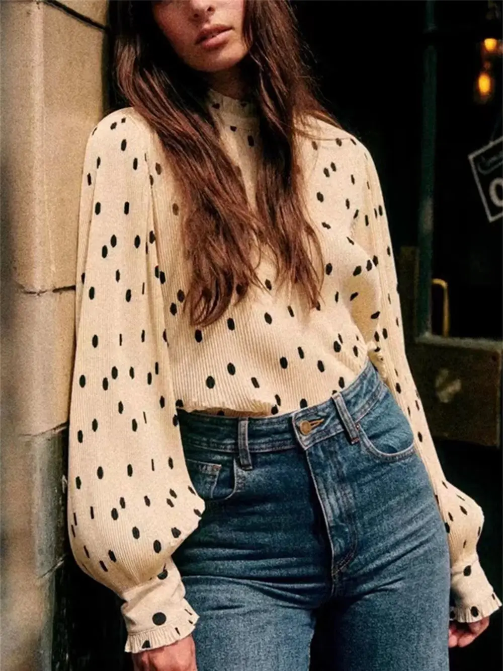 Women Polka Dot Printed Pleatd Blouse 2024 Early Spring Ladies Lantern Sleeve Elegant Ruffles Collar Vintage Shirt Versatile