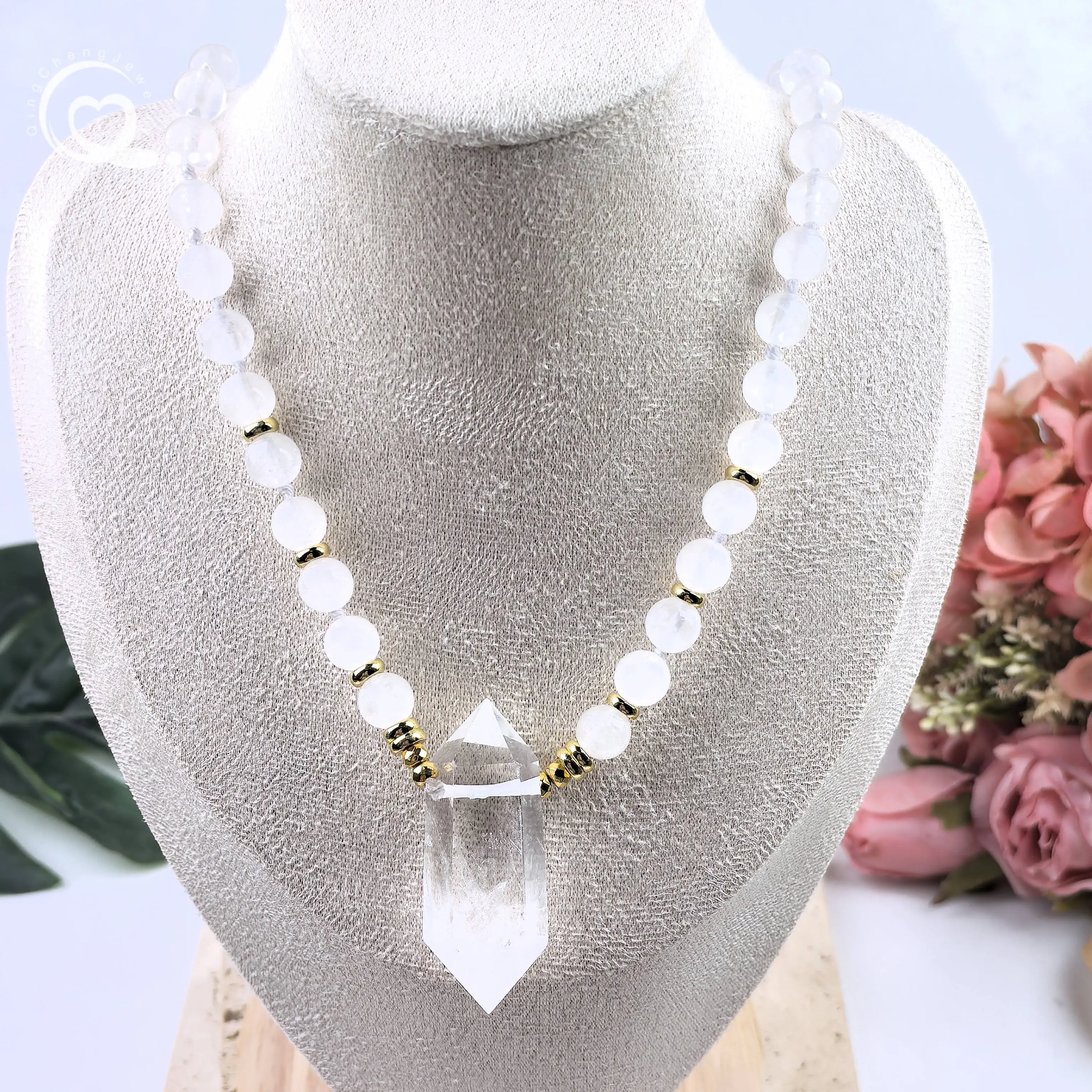 

White Quartz Round Beads Chakra Crystal Double Point Pendant Knotted Handmade Yoga Mala Prayer Necklaces Women Jewelry,QC0195