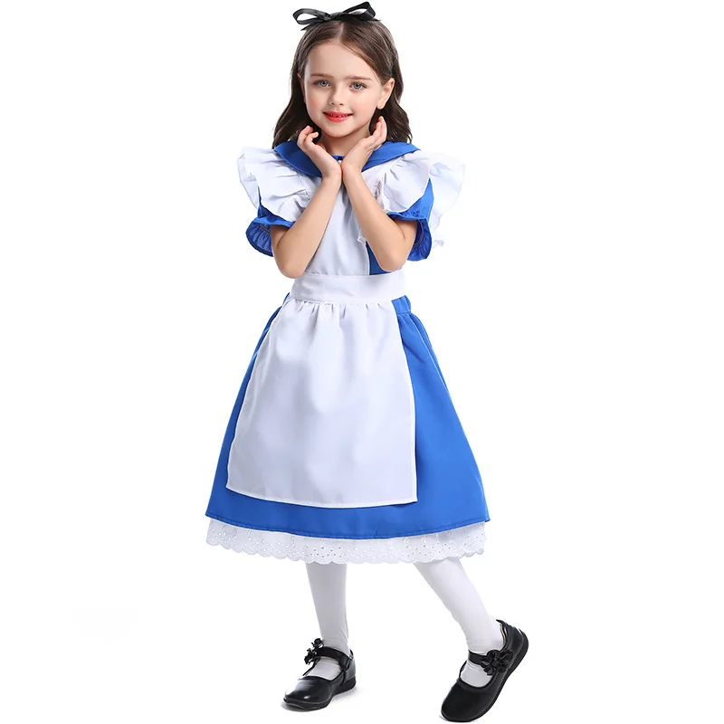 Children Girl Blue In Wonderland Halloween Costume for Kids Party Lolita Maid Dress Cosplay Fancy Carnival Costumes Girls Outfit