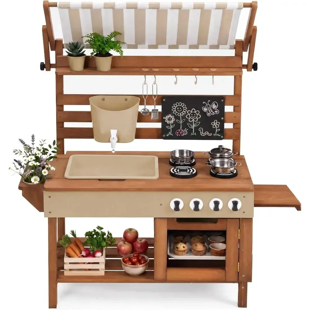 Luxury Wooden Outdoor Play Kitchen Set with Water Tank, Faucet, Sink, 14 Accessories, and Gardening Toy - Beige