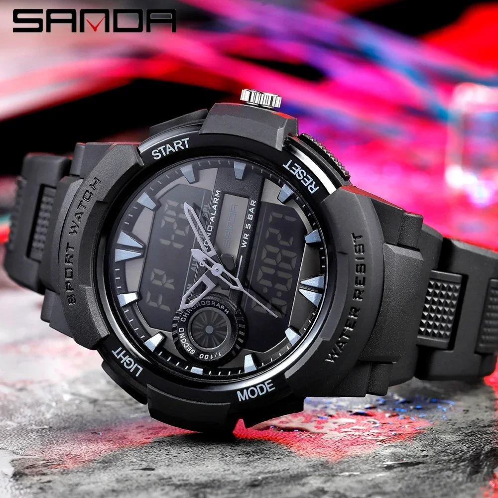 SANDA Watches For Men 50M Waterproof Clock Alarm reloj hombre Dual Display Wristwatch Quartz Military Watch Sport Mens Relogio