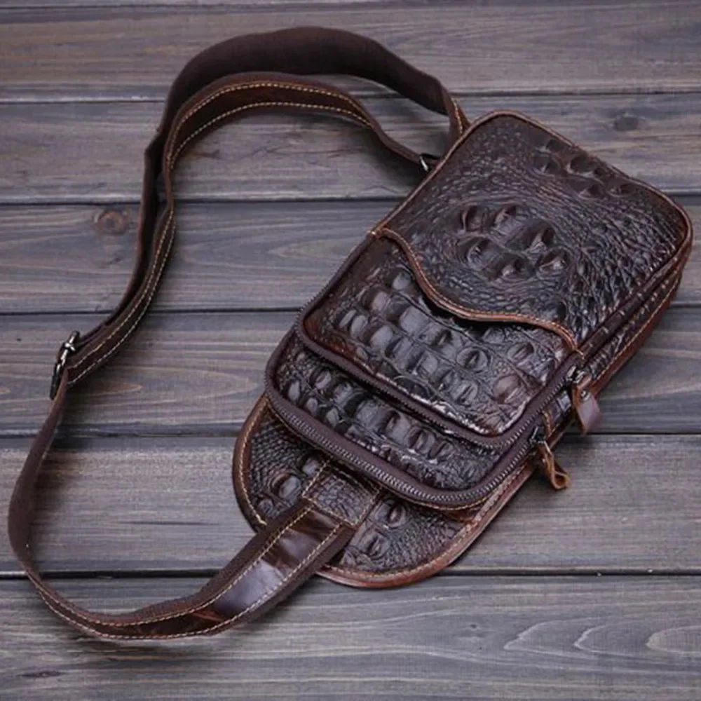 New Top Quality Men Genuine Leather Real Shoulder Messenger Bag First Layer Cowhide Crocodile Style Travel Sling Chest Day Pack