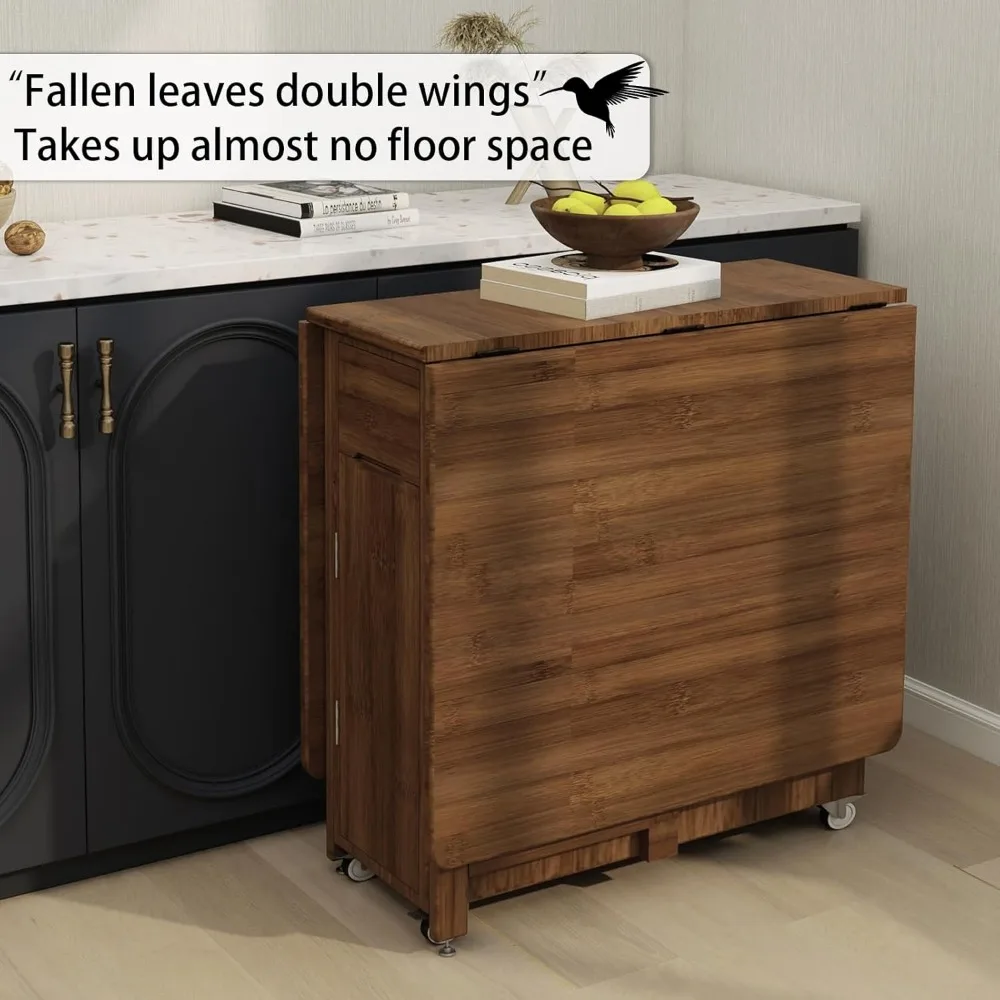 Folding Dining Table Set for 4, Bamboo Foldable Kitchen Dinning Set with Chairs, Double Drop Leaf Devise, Inside of Dinner