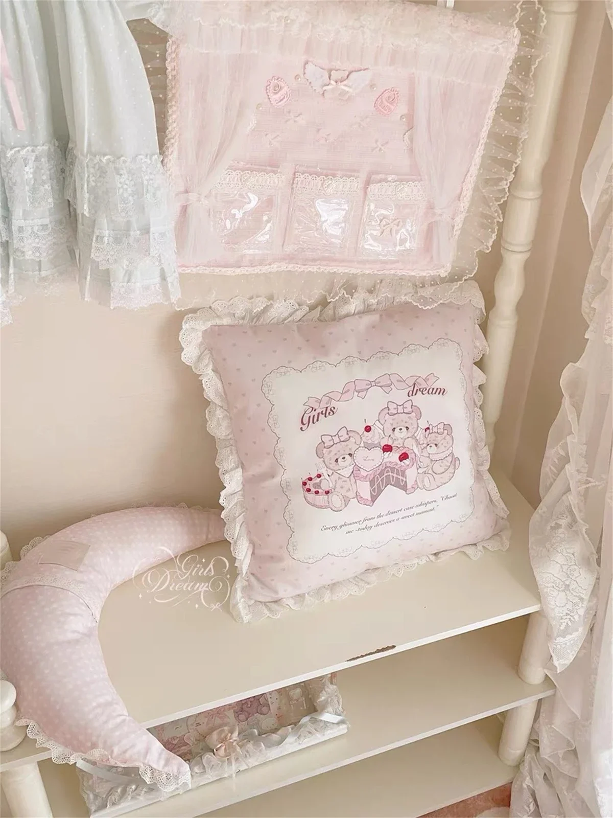 Pink Cute Throw Pillow Lace Cartoon Square Pillows Kawaii Anime Soft Waist Sofa Cushion Car Home Bedroom Decoration