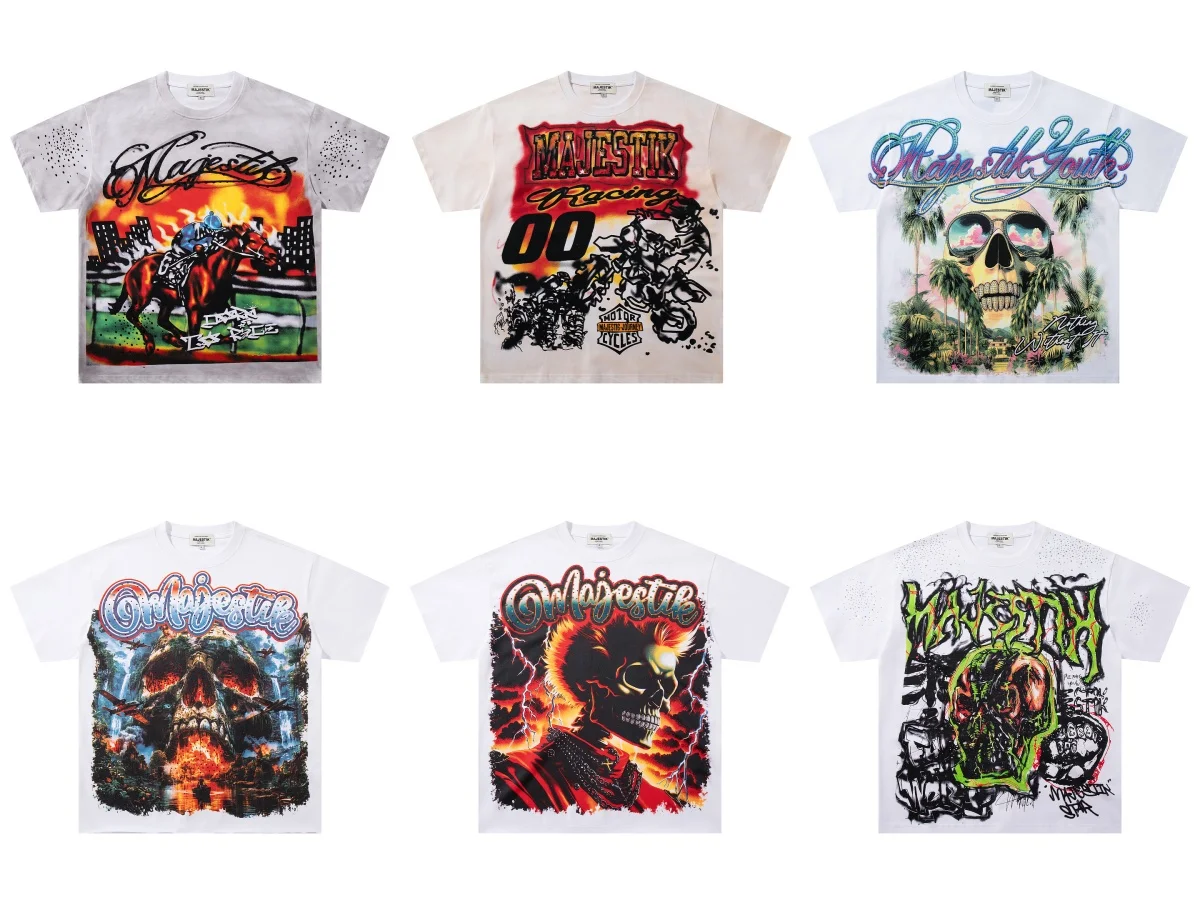Men Vintage Tie Dye T-shirt Majestik Racing Motocross Rhinestone Graphic Tee Y2K Oversized Short Sleeve Hip Hop Streetwear Tees