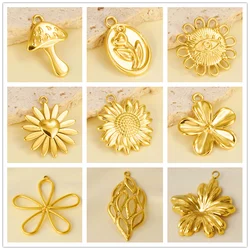 5pcs/Lot New Real Gold Plated Sunflower Tree Leaf Mushroom Plant Stainless Steel Charm For Jewelry Making Bulk DIY Metal Pendant