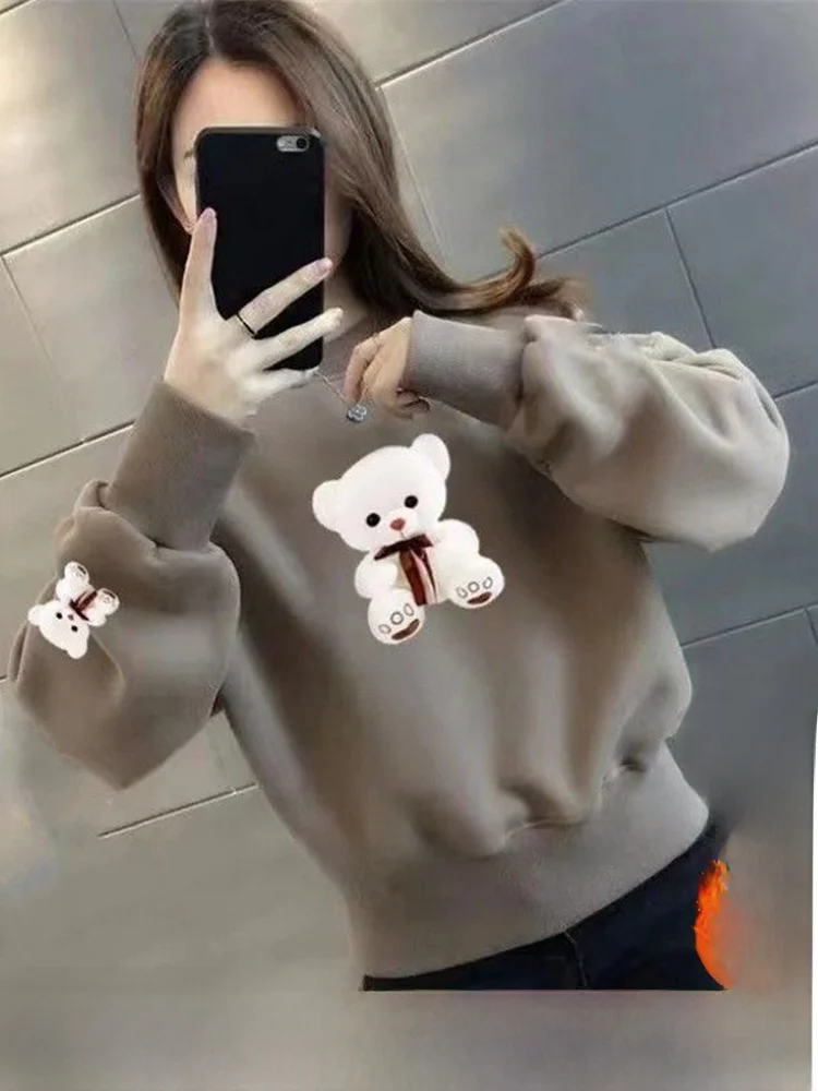 

Утепленная женская толстовка с принтом, европейский стиль, круглый вырез, длинный рукав, короткое пальто, корейский повседневный стиль, зимняя верхняя одежда