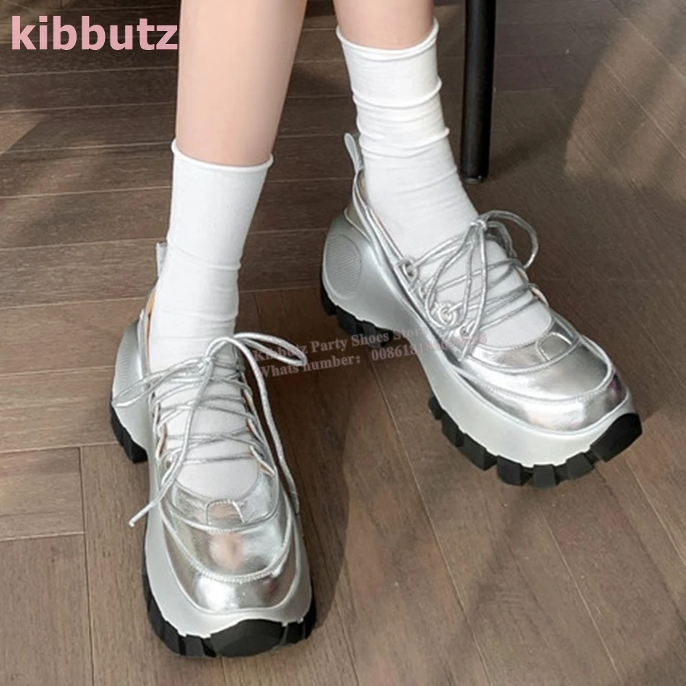 Lace-Up Ballet Pump Sneakers Round Toe Height Increasing Solid Color Patent Leather Fashion Elegant Sexy Party Women Shoes New