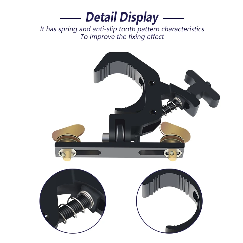 Black cast aluminum lamp hook for moving head lights, load-bearing capacity 150KG, suitable for pipe diameters 42-61MM