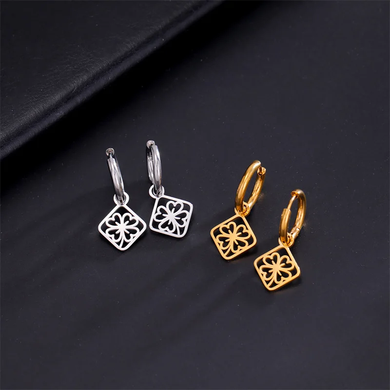 Stainless Steel Earrings New Classic Clover Plated Hoops Earrings For Women Luxury Statement Jewelry 2023 Trend Party Girl Gifts