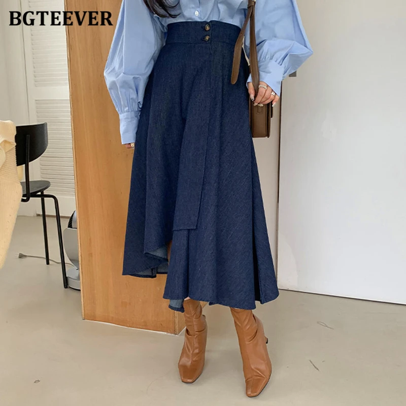 

BGTEEVER Chic Spring Summer Fashion High Waist Double Button Female A-line Skirts Stylish Loose Women Solid Irregular Midi Skirt