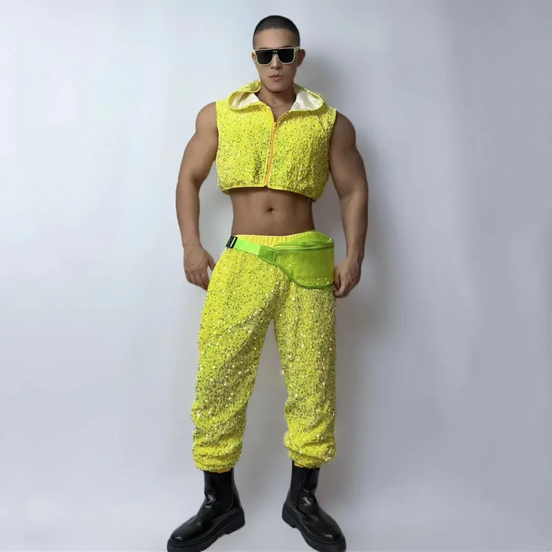 Men\'s Jazz Dance Team Hip Hop 2 Piece Set Performance Clothes Fluorescent Yellow Hooded Vest Pants Nightclub Rave Outfit Costume