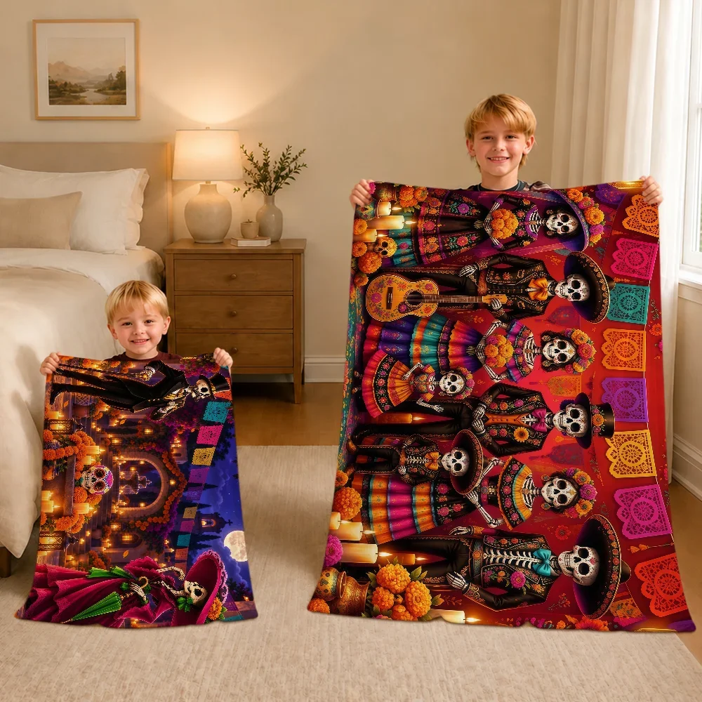 Mexican Day Muertos Dead Skull Family Warm Soft Plush Blanket For Sofa Living Room Nap Home Bedroom Travel Gift Flannel Hogar