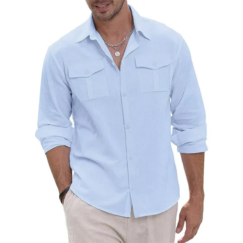 Imagen 1 del producto Camisa de otoño para hombre, Tops Cargo con dos bolsillos de lino y algodón, camisas informales elegantes de manga larga con cuello vuelto y una hilera de botones