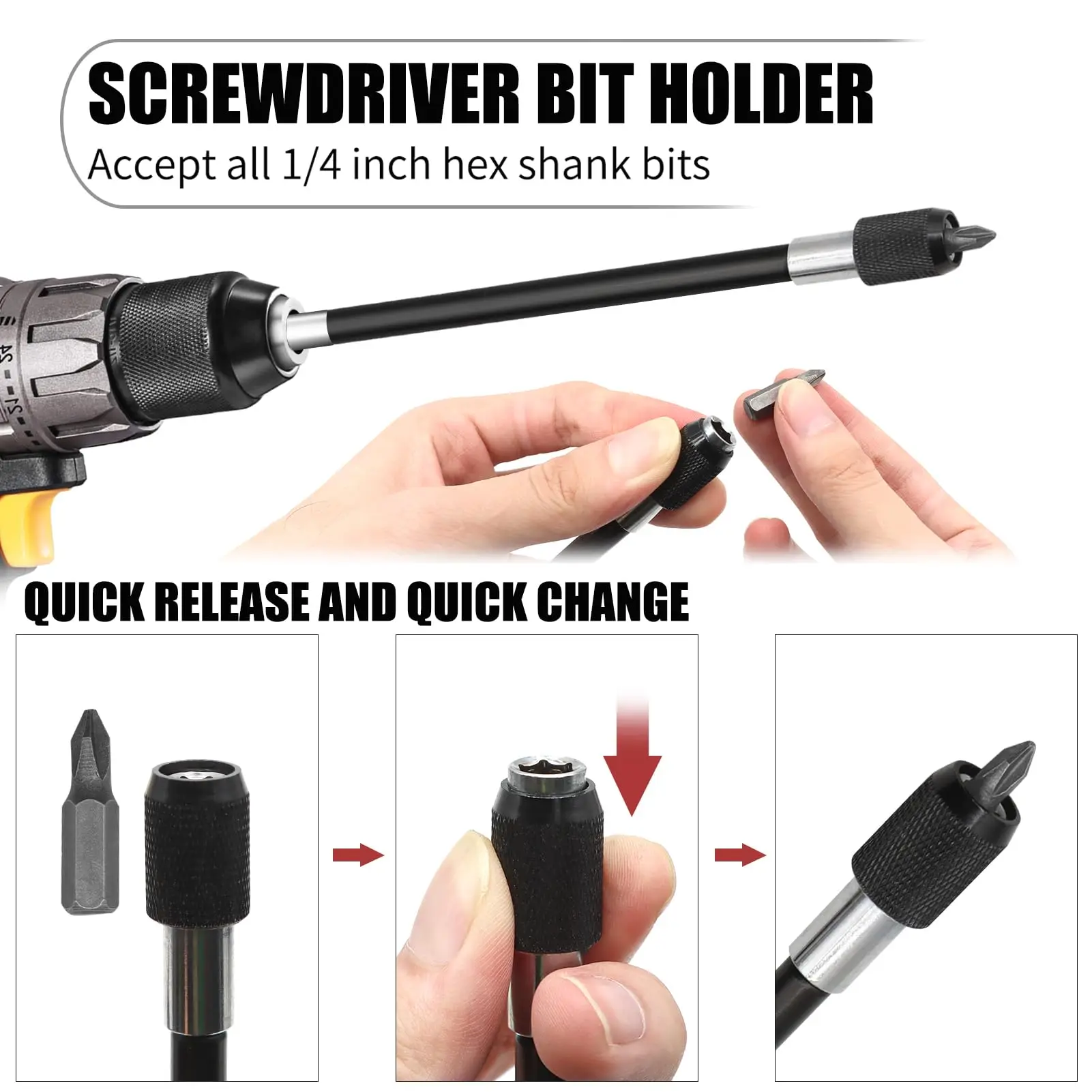 2 PCS Drill Bit Extender Quick Change Extension Dril Bit Holder 1/4 Inch Hex Shank Screwdriver Extender for Impact Driver