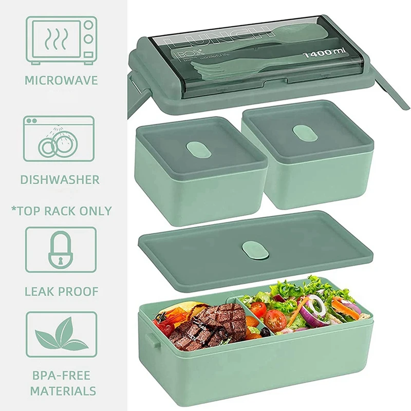 2X Bento Lunch Box For Adults, Kids Leak Proof Meal Prep Portion Control Boxes Style For Compartment Slim Container