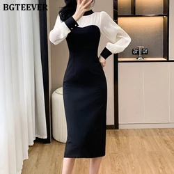 BGTEEVER Stylish Long Sleeve Patchwork Women Bodycon Skinny Dress Autumn Winter O-neck Slim Waist Ladies Package Hip Dress