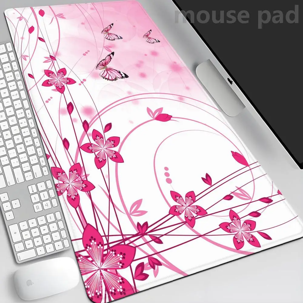 Mouse Pad Gamer Cartoon Green Leaves Pink Flower XL Computer Large New Mousepad XXL keyboard pad Soft Carpet Non-Slip Table Mat