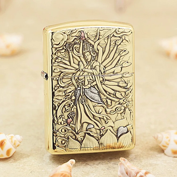 

Genuine Zippo oil lighter Thousand handed Guanyin copper windproof cigarette Kerosene lighters Gift anti-counterfeiting code