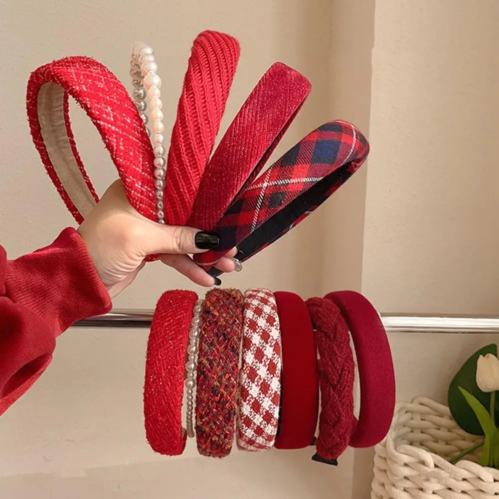 French Red Velvet Headband Women Girls Christmas Twist Plaid Hairband Vintage Swallow Gird Sponge Hair Hoop Headwear Gift