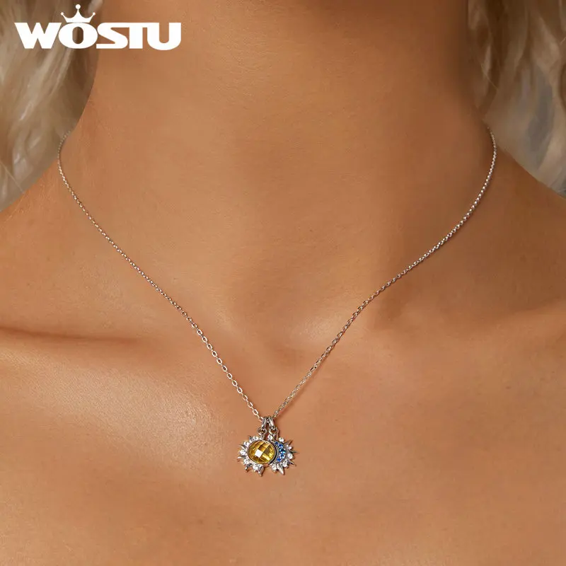 WOSTU 925 Sterling Silver Moon Sun Pendant Necklace Women Blue CZ Yellow Crystal Charm Necklaces Valentine's Mother's Day Gifts