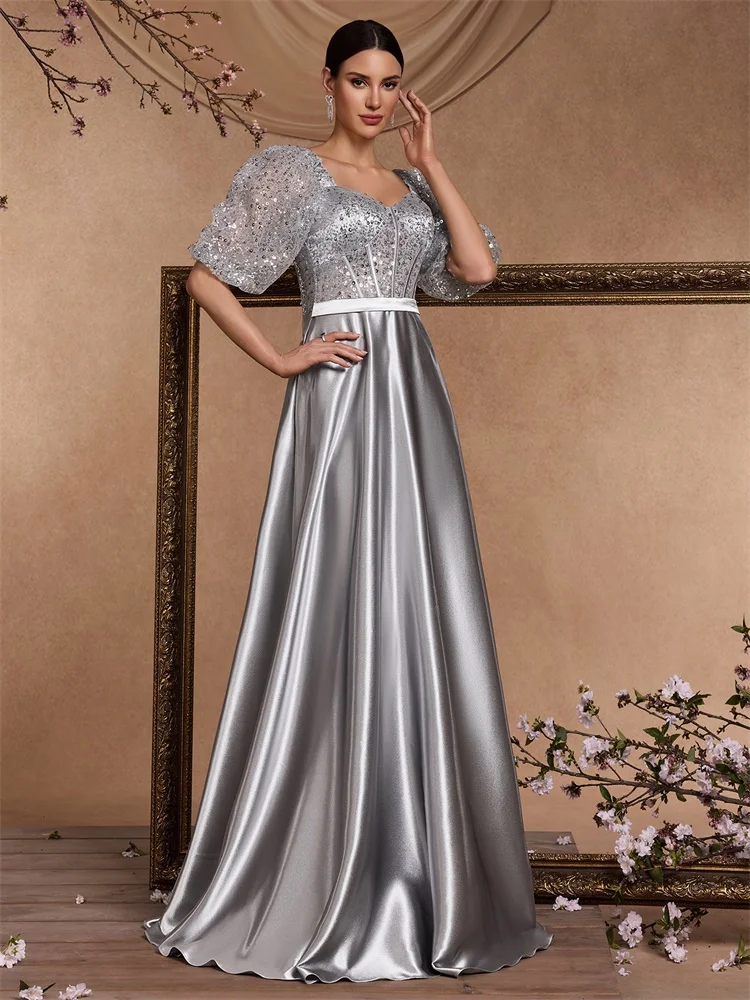 Lucyinlove Luxury Grey V-Neck Sequin Evening Dress Elegant Women Splice Party Satin Maxi Short Sleeve Gown Cocktail  Prom