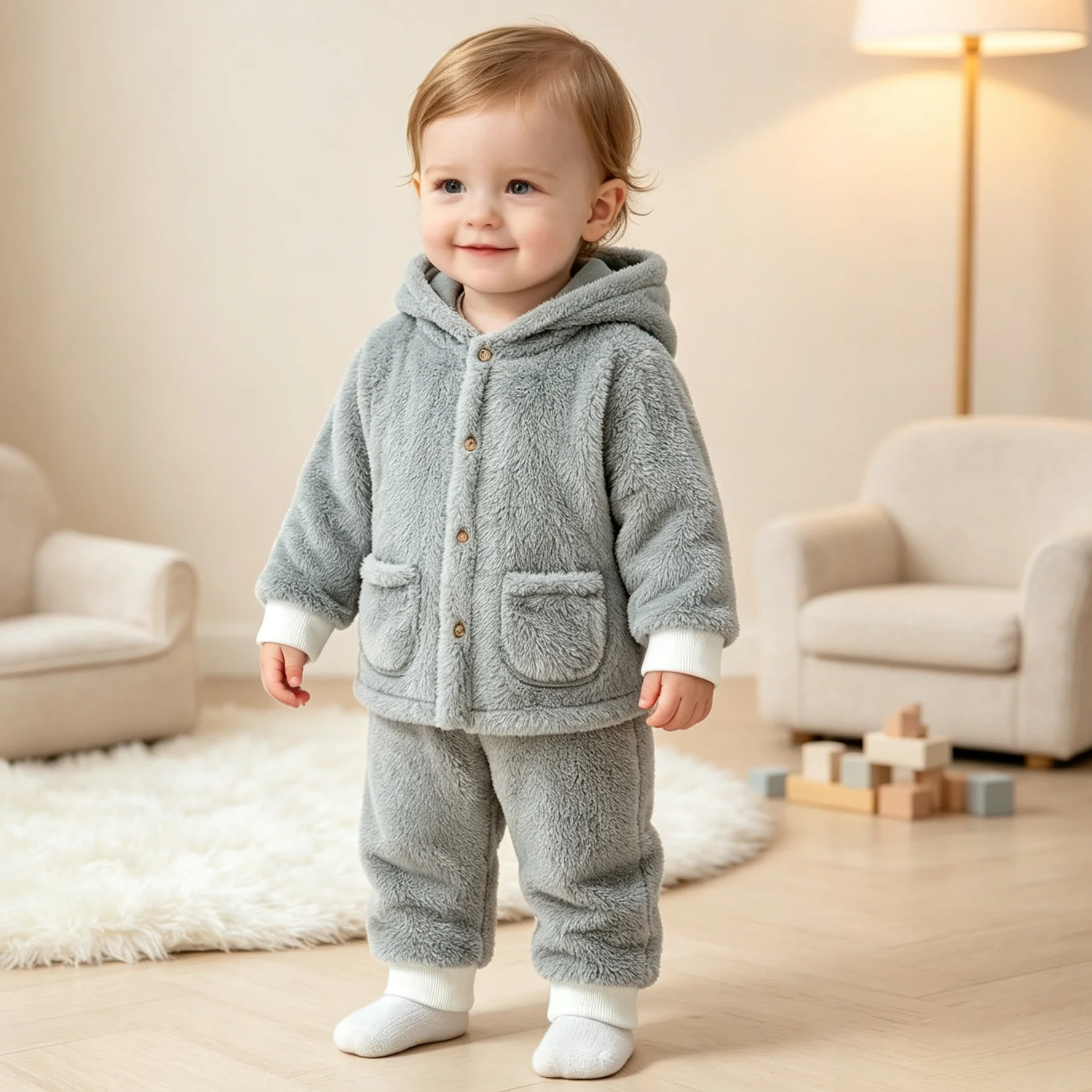 Autumn Winter Kids Fleece Set Kids Hooded Loungewear Set Thick Child Warm 2 Piece Set Baby Long Sleeve Pajamas for 0-5T Kid