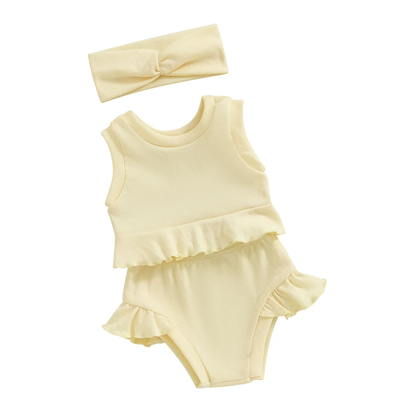 Infant Girl Summer Outfit 3pcs Sleeveless Cami Crop Top Ruffle Shorts with Elastic Waist Solid Outfit Headband 2pcs