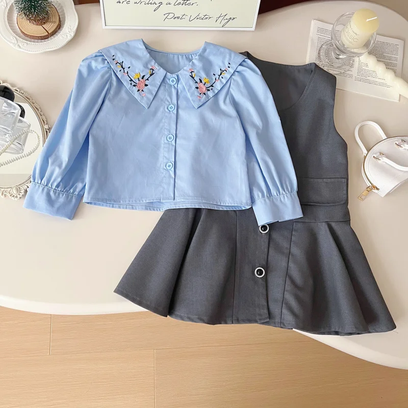 

Children's Outfit Skirt New Style Girls' Autumn Embroidered Collar Long Sleeve Turn-down Collar Shirt+Trendy Two-Piece Vest Dres