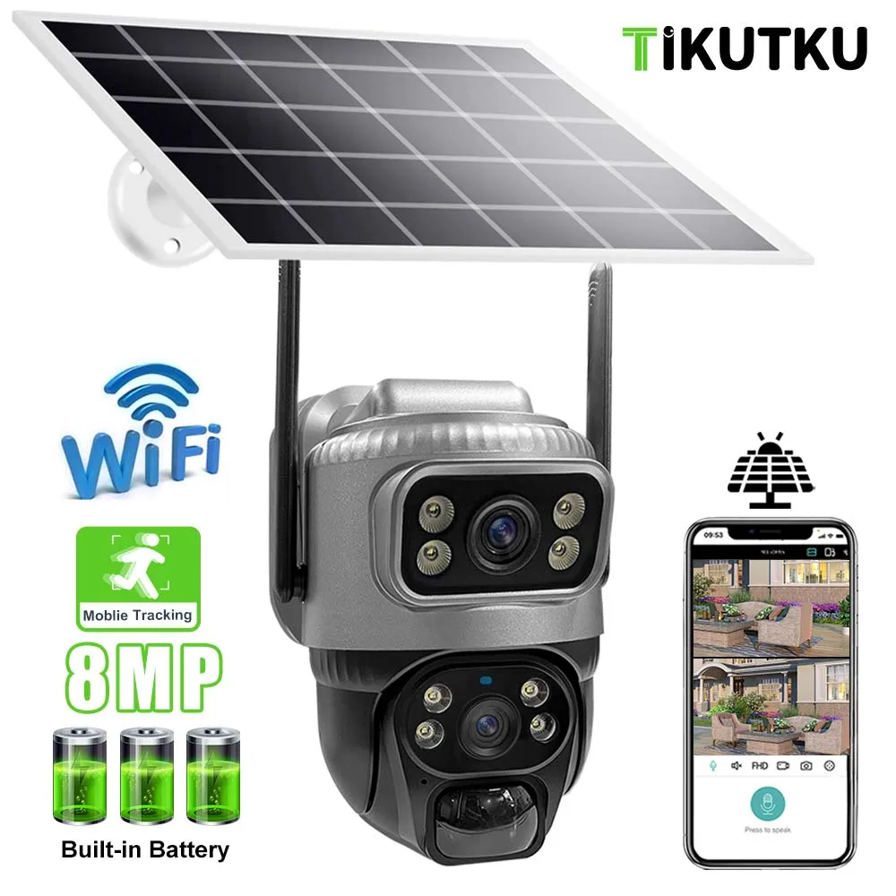 

WIFI Solar Camera 4K 8MP Three Lens Outdoor Waterproof Wireless Security Battery IP Cam Motion Detection CCTV Video Surveillance