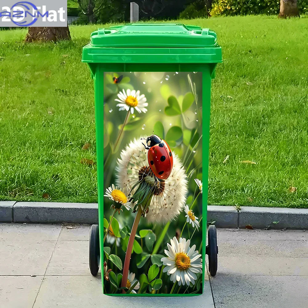 Vibrant Ladybug and Daisy Pattern Waterproof PVC Stickers with Adhesive for Trash Can Decoration, Wall Art, Home Decor, DIY Mu