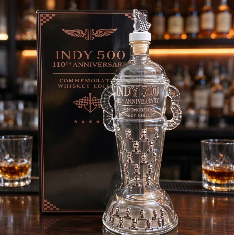 Unique Double Handle Trophy Glass Decanter Bottle Airtight Stopper for Bourbon Vodka Home Bar Table Decor Men Collection Gift