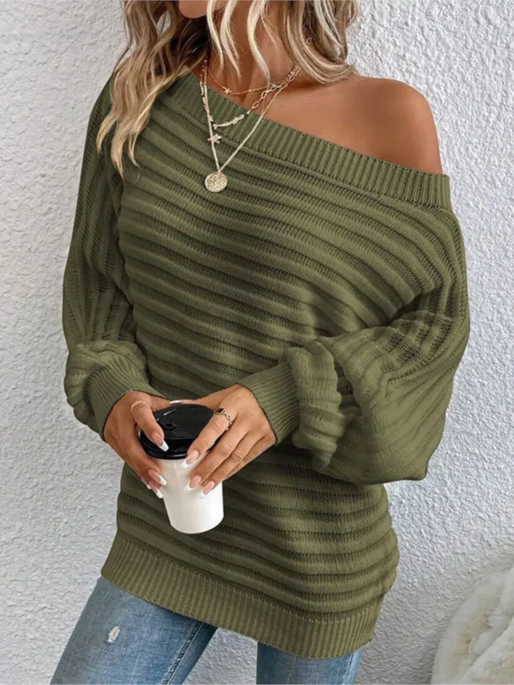 

Autumn Women's Clothing New Solid Color Striped All-match Loose Simple Style Sweater Bat Sleeve Pullover Knitted Off Shoulder