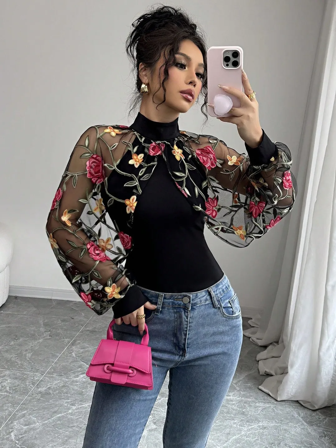 Women Long Sleeve Floral Embroidered Blouse Sheer Mesh Overlay Top High Neck Puffed Sleeve Tunic with Rose Embroidery Vine