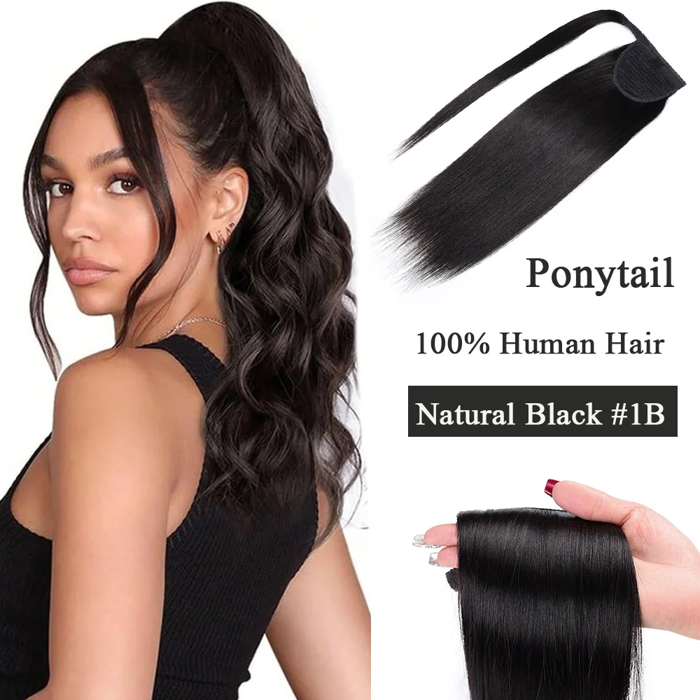 

Ponytail Human Hair Extensions Machine Made Magic Wrap Around Clip In Ponytail Human Hair Extensions Natural Black For Asian