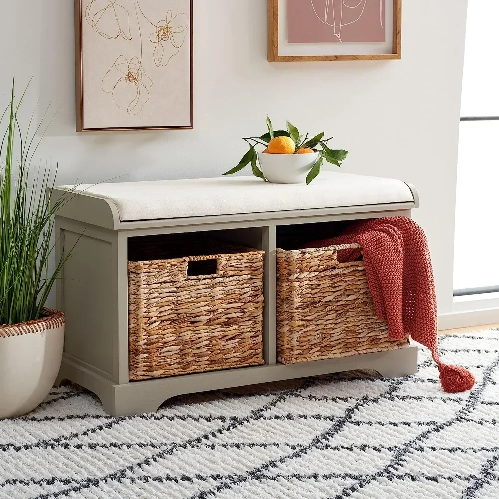 Home Collection Freddy Vintage Grey / Wicker Basket 2-Drawer Storage Bench with Cushion (Fully Assembled)