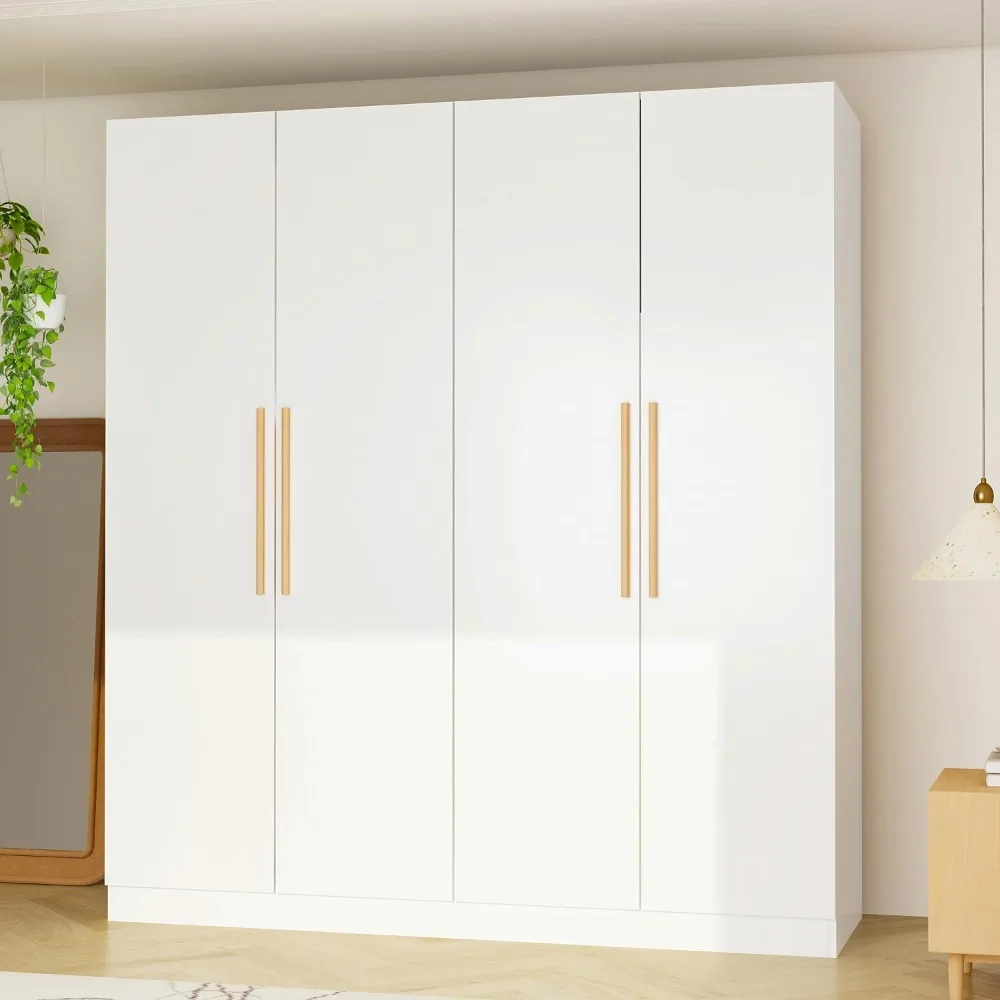 

Wardrobe Closet with 4 Doors, White Bedroom Armoire with Shelves, 2 Hanging Rods, Modern Clothes Storage Cabinet.