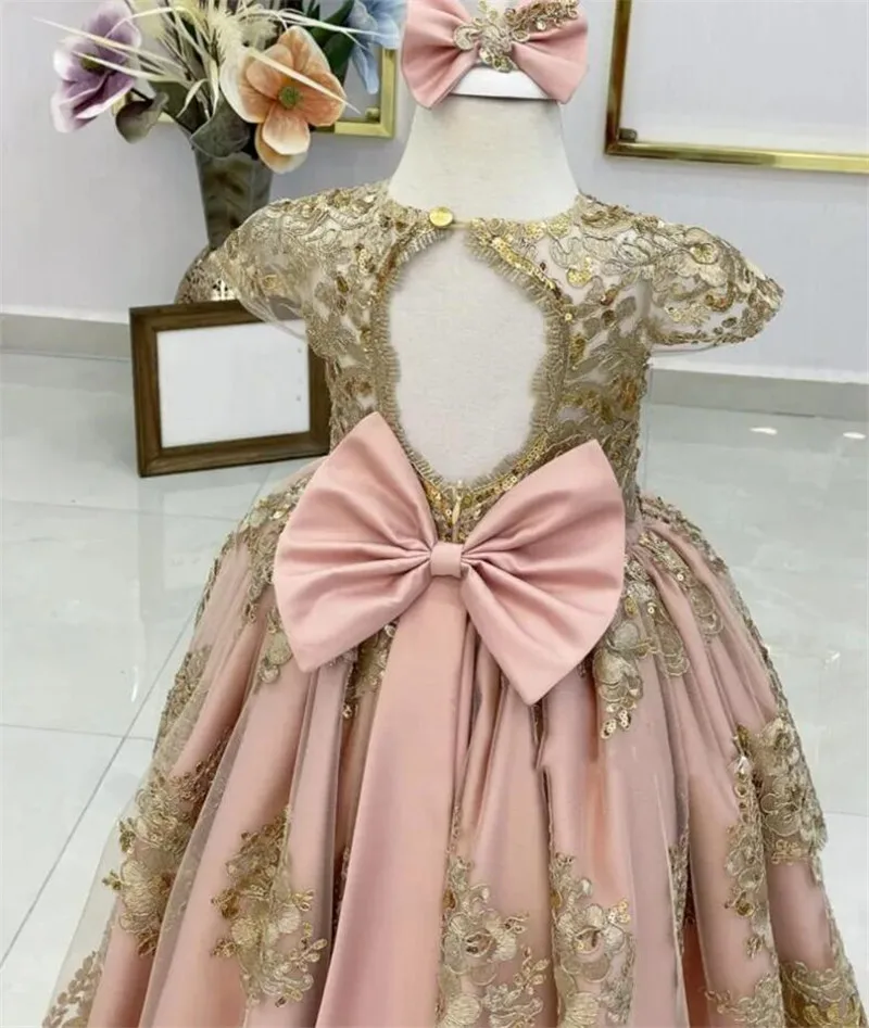 Handmade Baby Girl Dress Gold Lace Applique Pink Birthday Girl Dress Princess Flower Girl Dress Long Puffy Party Dress 12M 24M