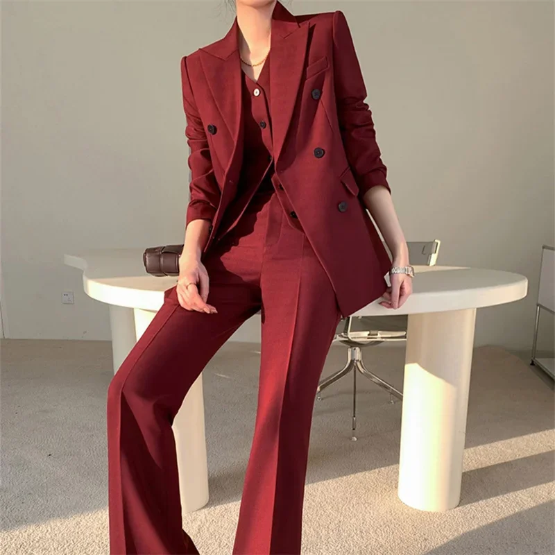 Burgundy Suit Set Women Spring 2024 Office Ladies Lapel Single Breasted Vest Wide Leg Pants Blazer Three Piece Set B257