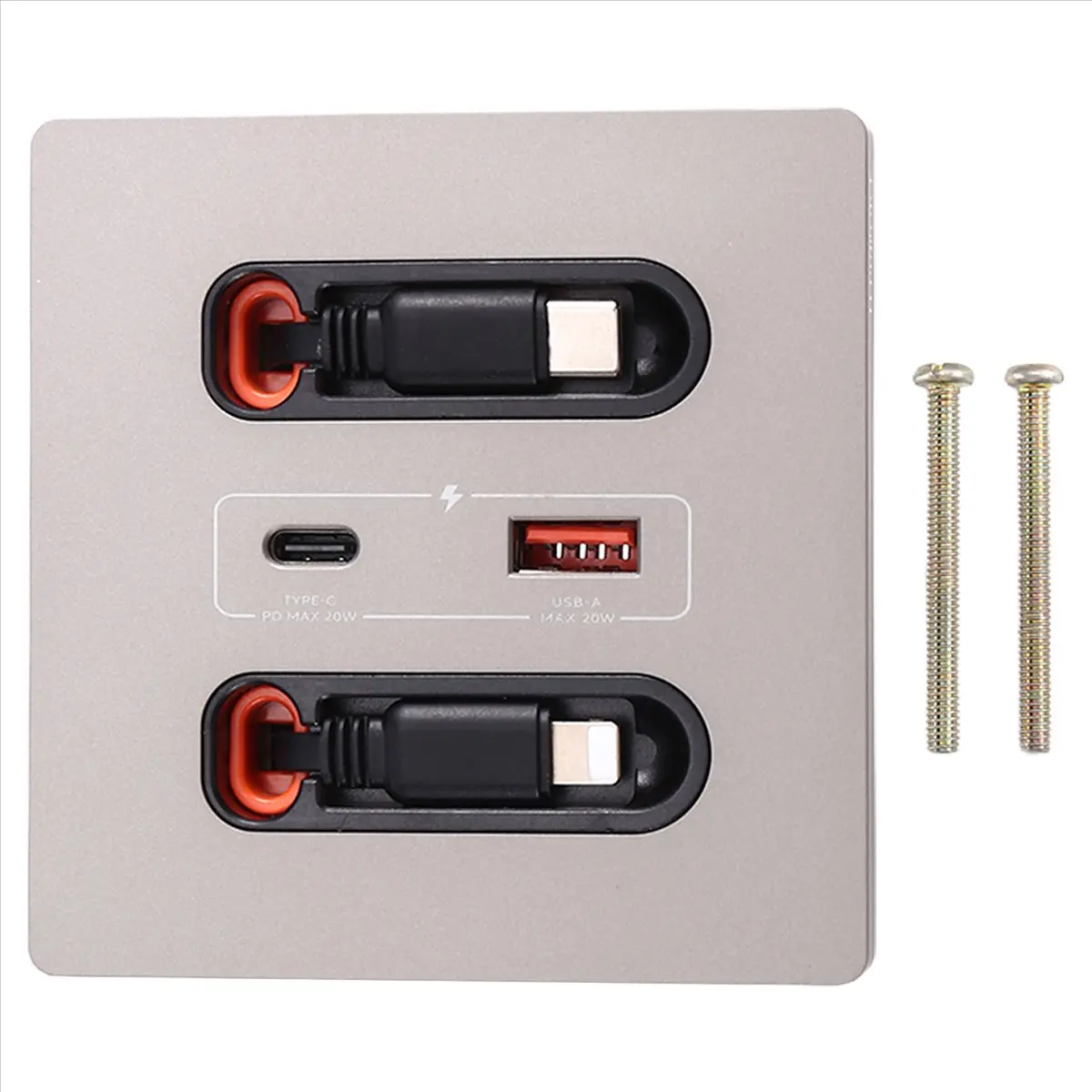 12w Universal Wall Panel Socket with Usb-A Usb-C Retractable Charging Cable, Mobile Phone Tablet Charging Type C Outlet