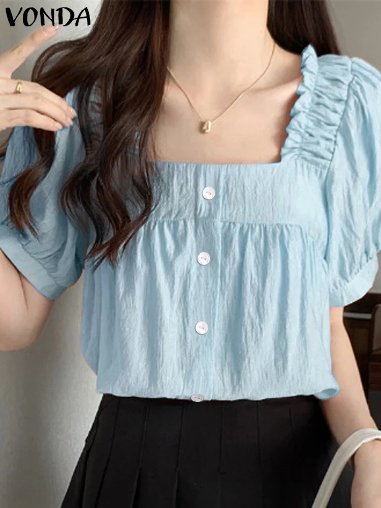 

VONDA Women Ruffled Shirts Blouse 2024 Bohemian Summer Puff Sleeve Tops Elegant Office Ladies Blusas Femininas Oversized