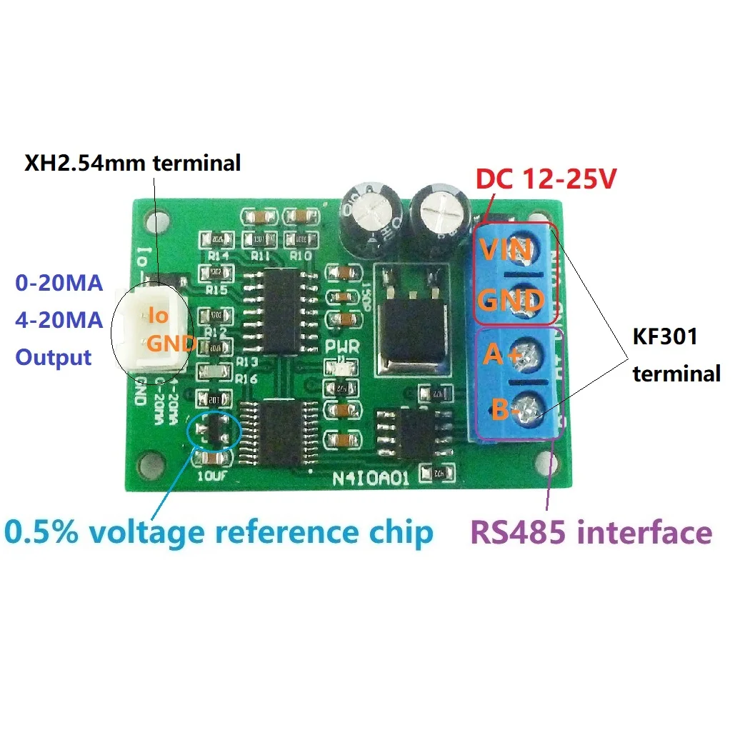 N4IOA01 DC 12V DAC Module RS485 to 4-20MA/0-20MA Current Signal Generator PWM to Current Analog Converter Modbus RTU Module