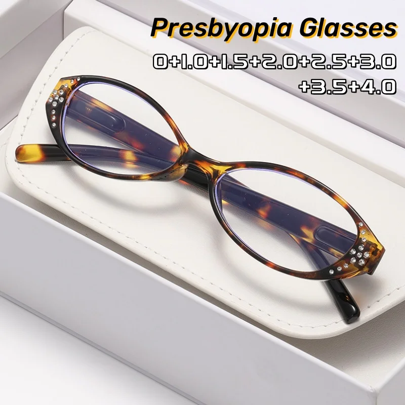 

Exquisite Oval-shaped Small Frame Sparkling Diamond Reading Glasses High-definition Anti Blue Light Eyeglasses 0 To +4.0