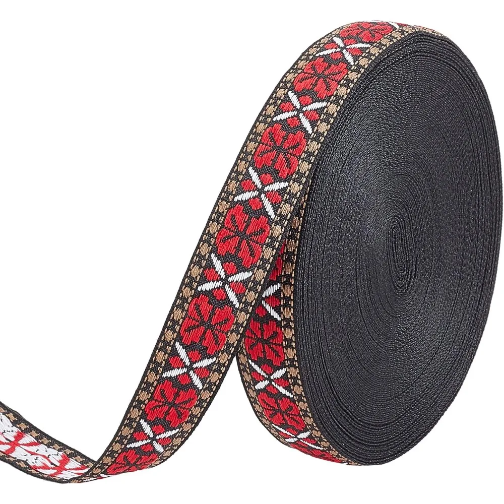 20 Yard 0.8 inch Black Red Narrow Vintage Jacquard Ribbon Floral Butterfly Pattern Embroidered Woven Trim Ethnic Style Polyester