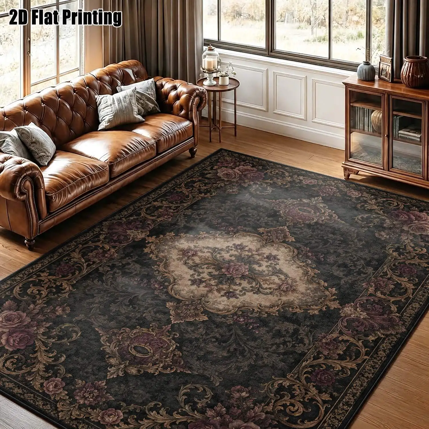 1Pc 2D Printed Retro European Geometric Carpet: Dark Gray Base Purple-Pink Floral Patterns, Machine Washable, Multiple Sizes, for Home Decor - Living Room, Bedroom, Dining Room, Entrance, Study
