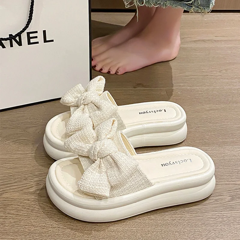 Bow Platform Women Slippers Summer Flats Flip Flops Shoes 2024 New Fashion Dress Beach Sandals Walking Slides Female Zapatillas